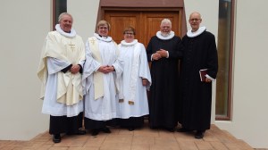Prófastur og prestar. Frá vinstri Davíð Baldursson prófastur, Ólöf Margrét Snorradóttir, Lára G. Oddsdóttir, Sigurður Rúnar Ragnarsson, sóknarprestur Norðfjarðarprestakalls, og Þorgeir Arason
